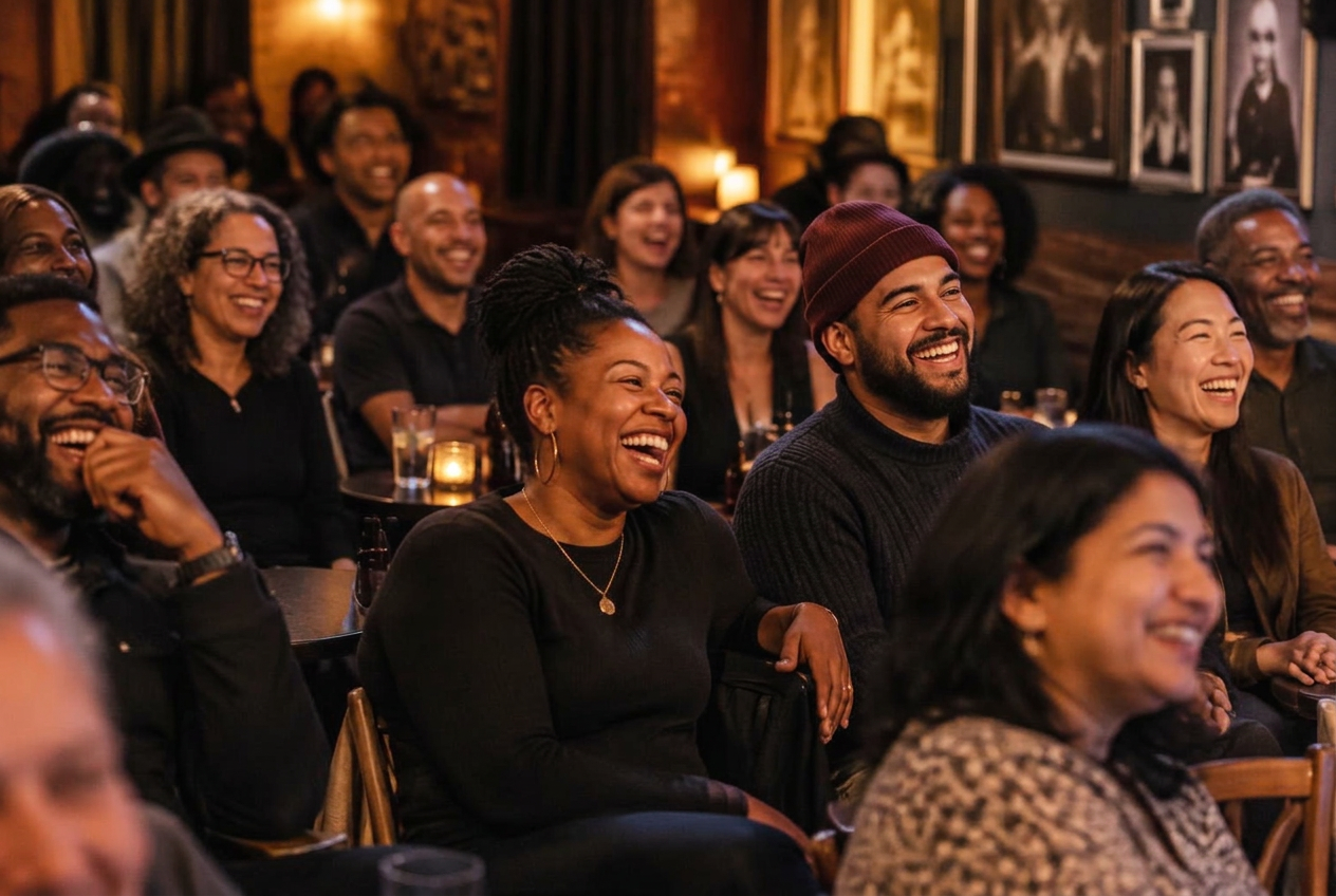 A diverse audience laughing together at a comedy night