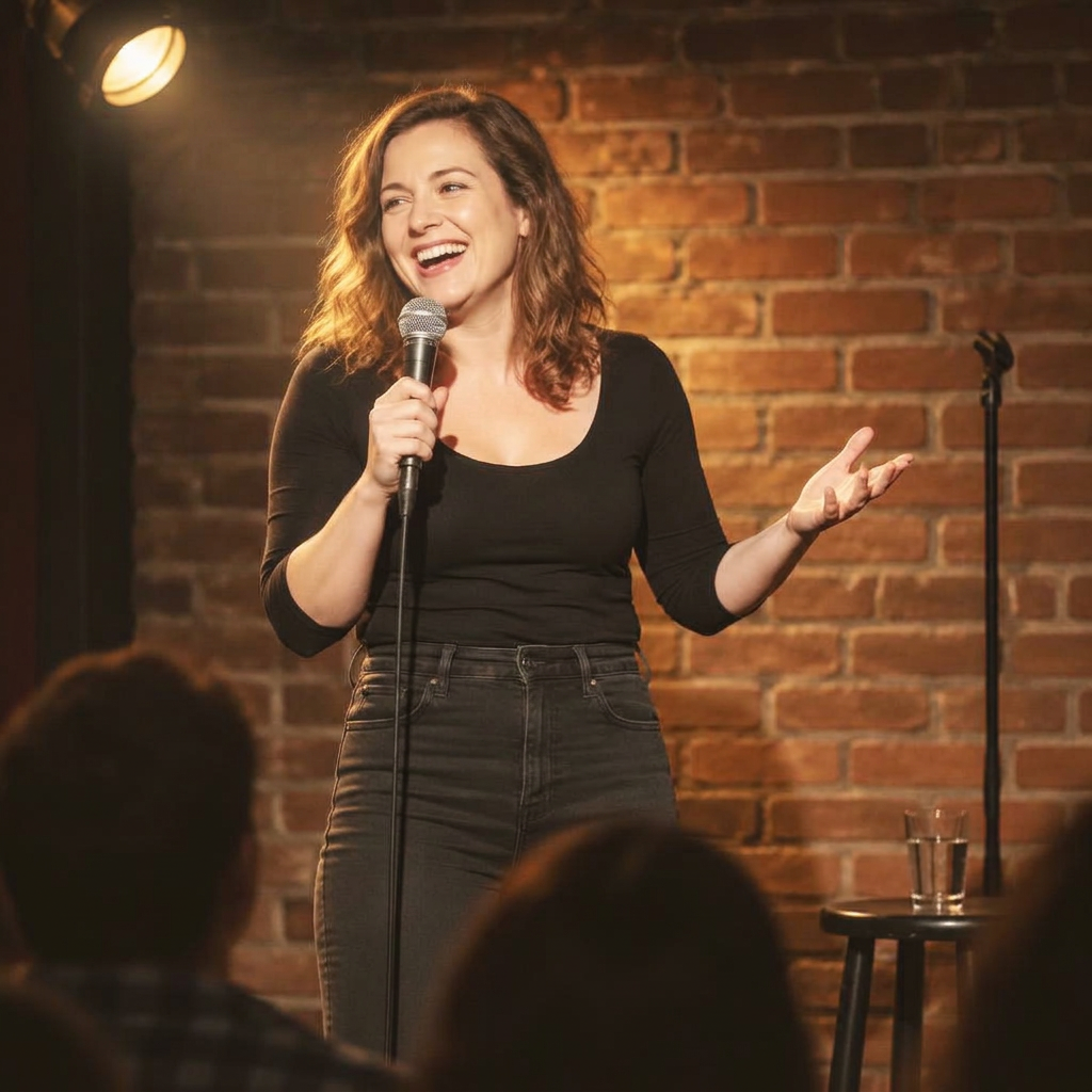 A female comedian performing on stage